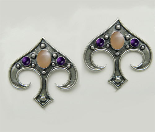 Sterling Silver Gothic Inspired Drop Dangle Earrings With Peach Moonstone And Amethyst